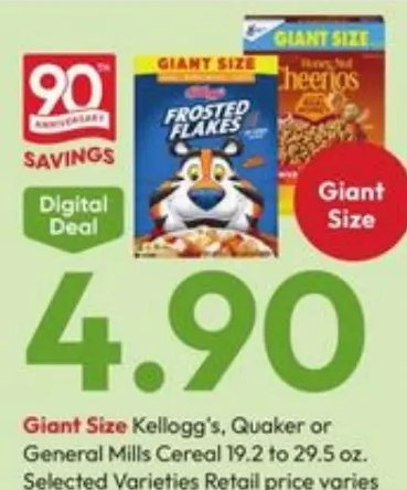 Giant Size Kellogg's, Quaker or General Mills Cereal 19.2 to 29.5 oz.