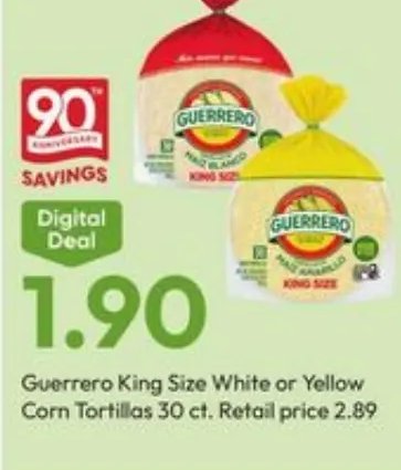 Guerrero King Size White or Yellow Corn Tortillas 30 ct.