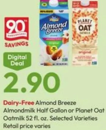 Dairy-Free Almond Breeze Almondmilk Half Gallon or Planet Oat Oatmilk 52 fl. oz.