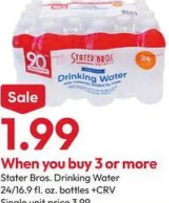 Stater Bros. Drinking Water 24/16.9 fl. oz. bottles +CRV