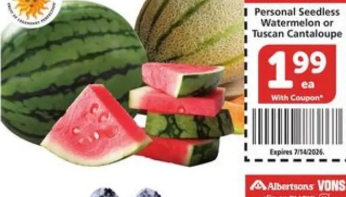 Personal Seedless Watermelon or Tuscan Cantaloupe