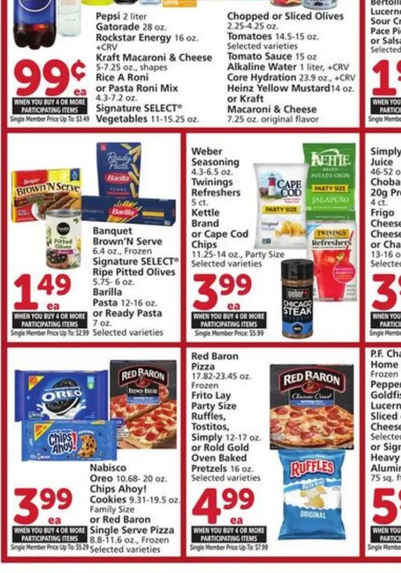 Pepsi, Gatorade, Rockstar Energy, Core Hydration, Kraft Macaroni & Cheese, Rice A Roni or Pasta Roni Mix, Signature SELECT® Vegetables, Heinz Yellow Mustard or Kraft Macaroni & Cheese, Chopped or Sliced Olives, Tomatoes