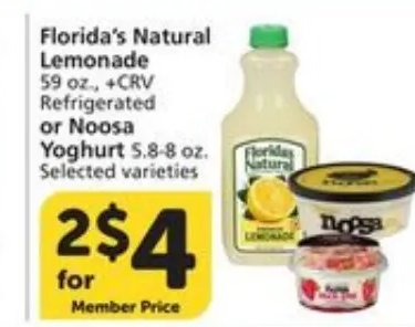 Florida's Natural Lemonade, Refrigerated or Noosa Yoghurt