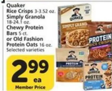 Quaker Rice Crisps, Simply Granola, Chewy Protein Bars or Old Fashion Protein Oats
