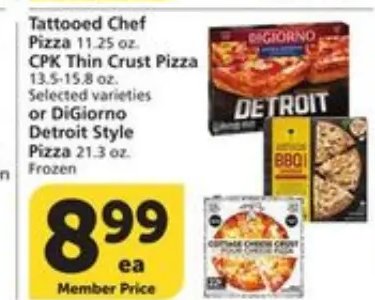 Tattooed Chef, CPK Thin Crust Pizza, DiGiorno or Detroit Style Pizza