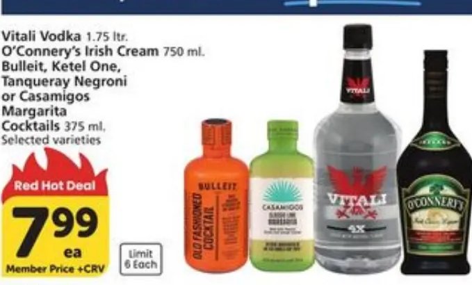 Vitali Vodka, O'Connery's Irish Cream, Bulleit, Ketel One, Tanqueray Negroni or Casamigos Margarita Cocktails