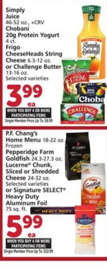 Simply Juice, Chobani 20g Protein Yogurt, CheeseHeads String Cheese or Challenge Butter