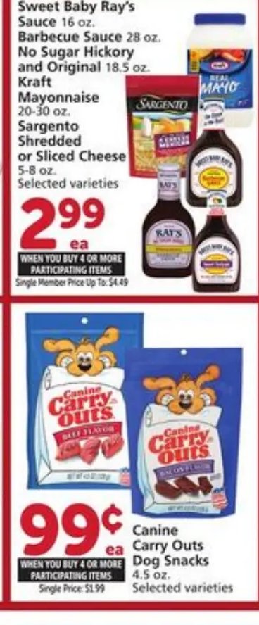 Sweet Baby Ray's Barbecue Sauce, No Sugar Hickory and Original, Kraft Mayonnaise, Sargento Shredded or Sliced Cheese