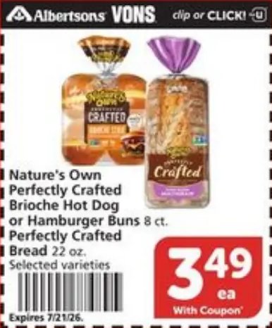 Nature's Own Perfectly Crafted Brioche Hot Dog or Hamburger Buns or Perfectly Crafted Bread