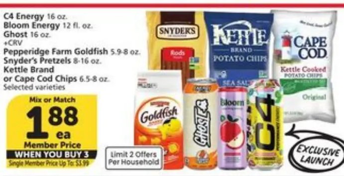 C4 Energy, Bloom Energy, Ghost, Pepperidge Farm Goldfish, Snyder's Pretzels, Kettle Brand or Cape Cod Chips