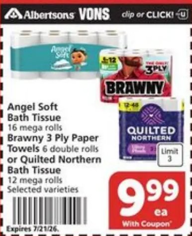 Angel Soft Bath Tissue, Brawny 3 Ply Paper Towels or Quilted Northern Bath Tissue