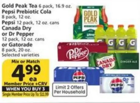 Gold Peak Tea, Pepsi Prebiotic Cola, Pepsi, Canada Dry or Dr Pepper, Gatorade