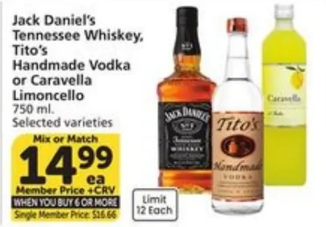 Jack Daniel's Tennessee Whiskey, Tito's Handmade Vodka or Caravella Limoncello