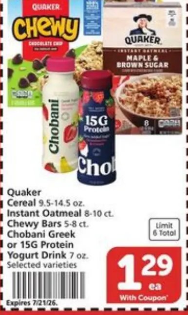 Quaker Cereal, Instant Oatmeal, Chewy Bars, Chobani Greek or 15G Protein Yogurt Drink
