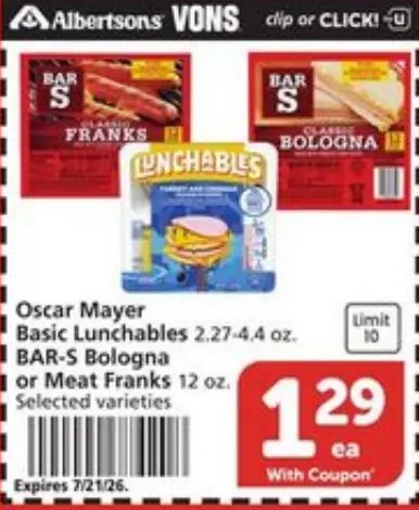 Oscar Mayer Basic Lunchables, BAR-S Bologna or Meat Franks