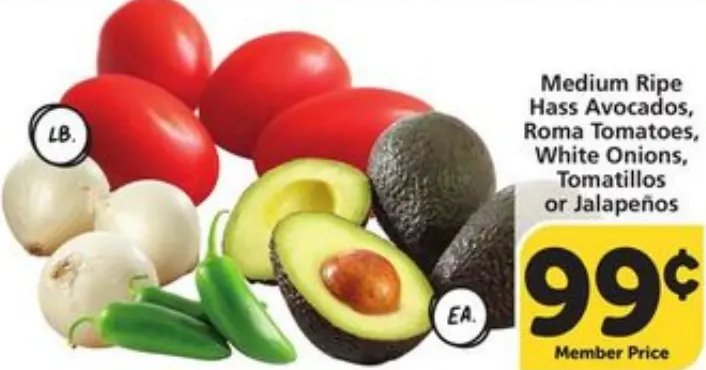 Medium Ripe Hass Avocados, Roma Tomatoes, White Onions, Tomatillos or Jalapeños