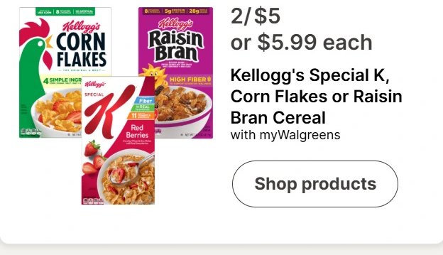 Kellogg's Special K, Corn Flakes or Raisin Bran Cereal