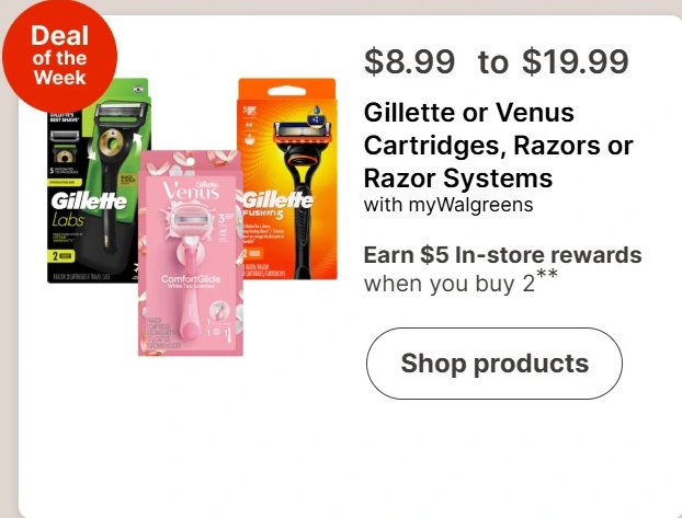 Gillette or Venus Cartridges, Razors or Razor Systems