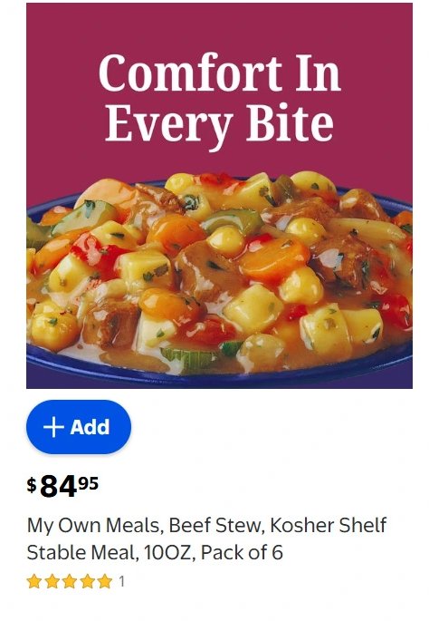 My Own Meals, Beef Stew, Kosher Shelf Stable Meal