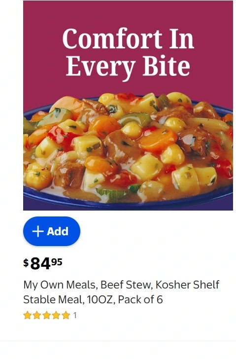 My Own Meals, Beef Stew, Kosher Shelf Stable Meal