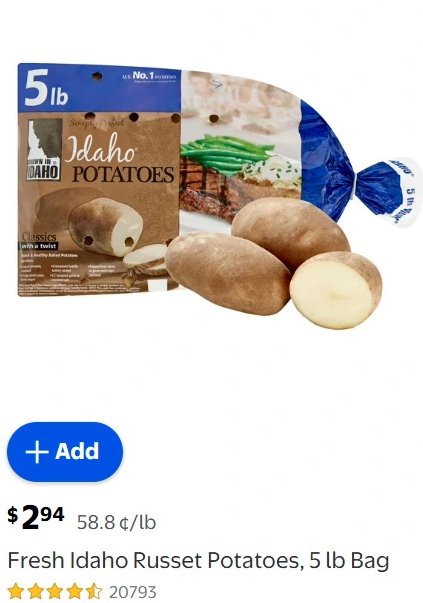 Fresh Idaho Russet Potatoes, 5 lb Bag