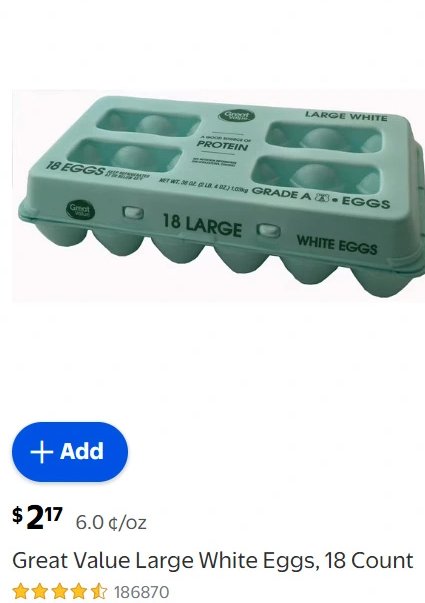 Great Value Large White Eggs, 18 Count