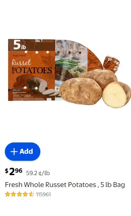 Fresh Whole Russet Potatoes , 5 lb Bag