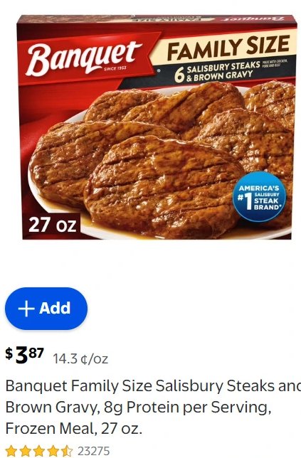 Banquet Family Size Salisbury Steaks and Brown Gravy, 8g Protein per Serving, Frozen Meal, 27 oz.