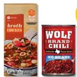 SE Grocers Broth or Wolf Brand Chili