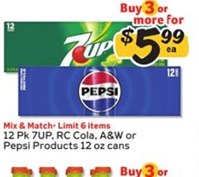 12 Pk 7UP, RC Cola, A&W or Pepsi Products