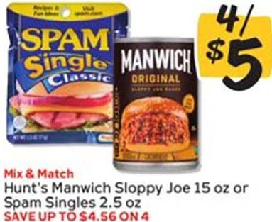 Hunt's Manwich Sloppy Joe 15 oz or Spam Singles