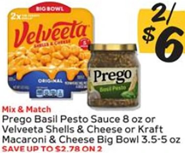 Prego Basil Pesto Sauce 8 oz or Velveeta Shells & Cheese or Kraft Macaroni & Cheese Big Bowl