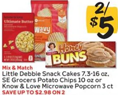 Little Debbie Snack Cakes 7.3-16 oz, SE Grocers Potato Chips 10 oz or Know & Love Microwave Popcorn