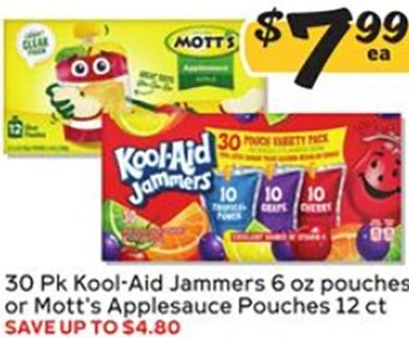 30 Pk Kool-Aid Jammers 6 oz pouches or Mott's Applesauce Pouches